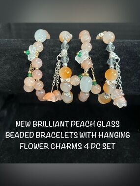 New Peach Glass Bead Bracelet Set with Flower Charms - 4 Piece Set